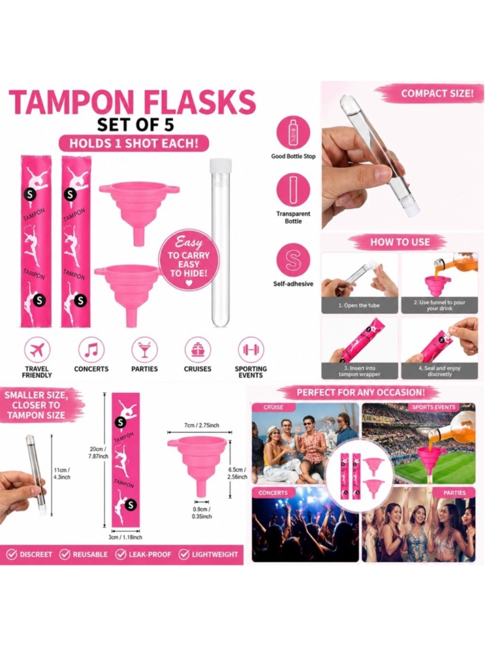 Tampon Flask Set of 5 Secret Shot Flasks w/Funnels Festival Concert Party